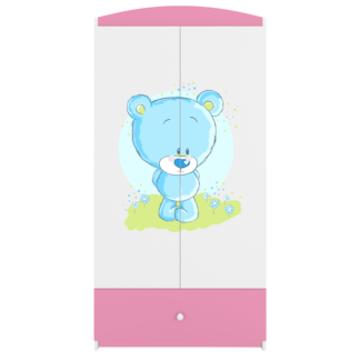 Babydreams garderobeskab til børn med blå bamse, m. 2 låger, 1 skuffe - hvid og lyserød laminat