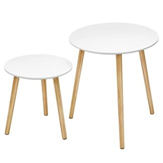 VASAGLE Nesting Sidebord, rundt endebord, sæt af 2, skandinavisk minimalistisk sofabord med massive fyrretræsben, hvid og naturlig LET07WN